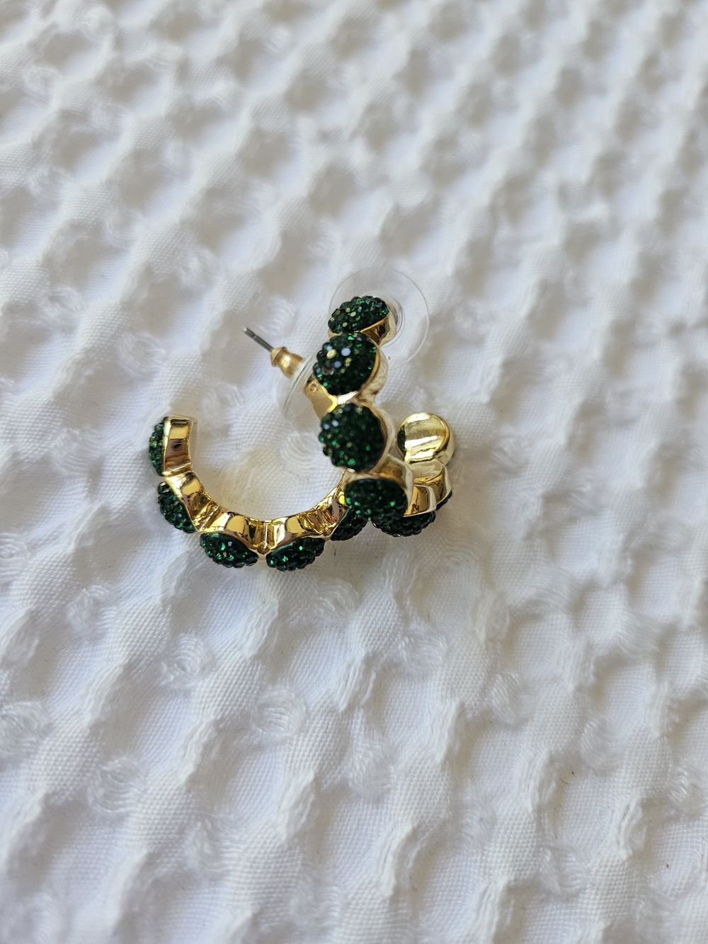 J. Crew Factory Gold Hoop Earrings with Dark Green Crystal Discs